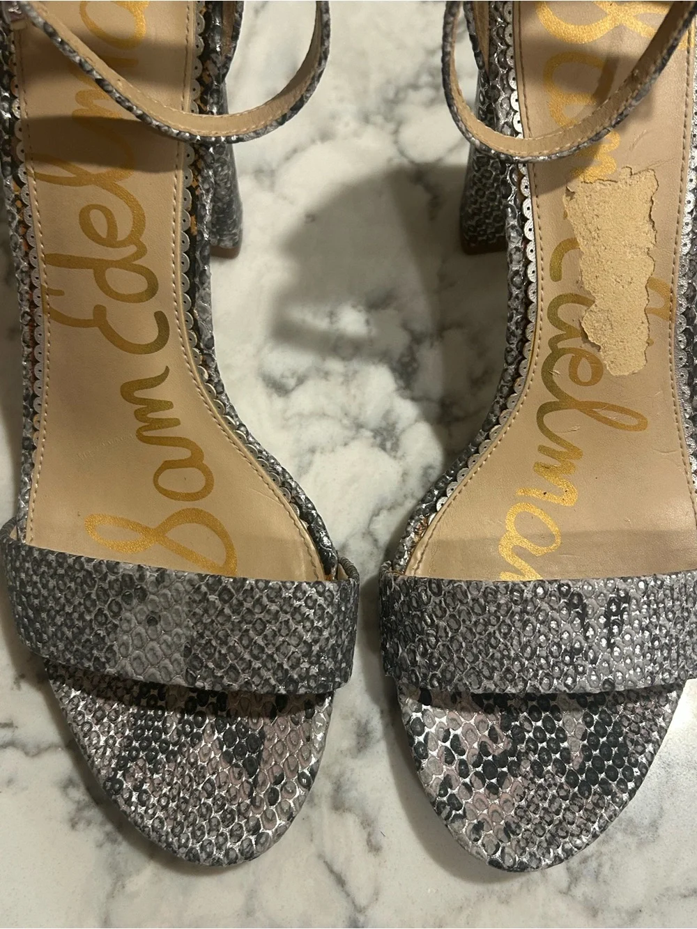 Sam Edelman Yaro Ankle Strap Metallic Snake Print Sandal Block High Heel Sz 8